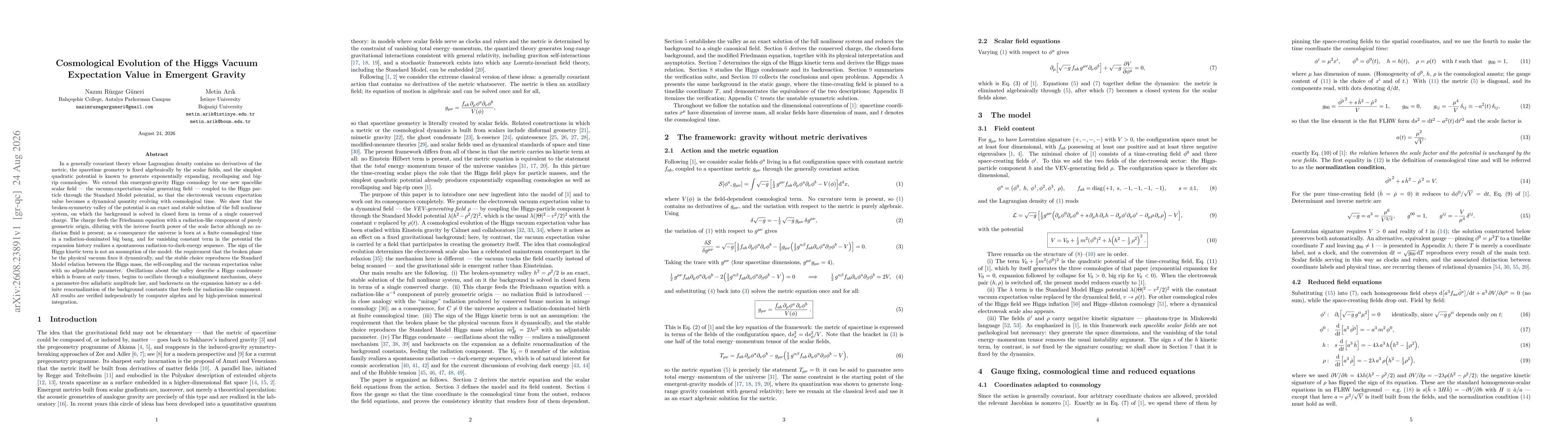 Thumbnail for Cosmological Evolution of the Higgs Vacuum Expectation Value in Emergent Gravity