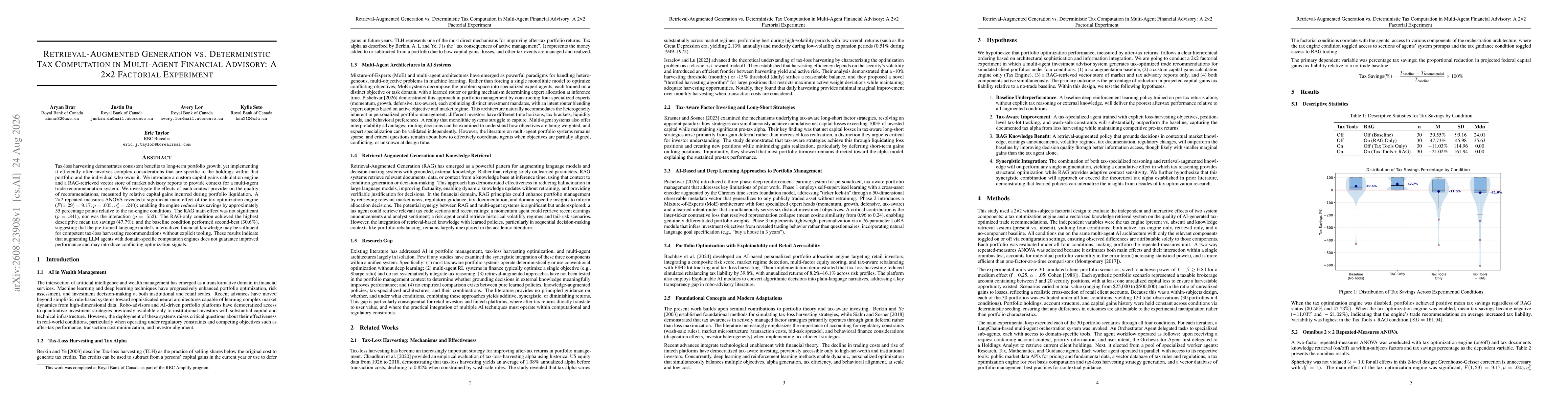 Thumbnail for Retrieval-augmented generation vs. deterministic tax computation in multi-agent financial advisory: A 2x2 factorial experiment