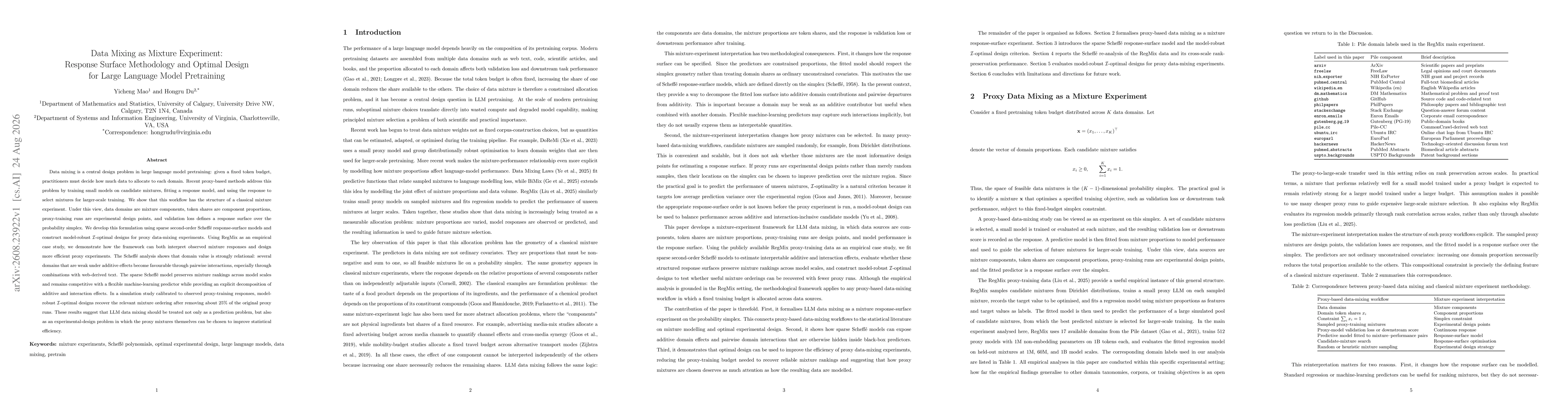 Thumbnail for Data Mixing as Mixture Experiment: Response Surface Methodology and Optimal Design for Large Language Model Pretraining