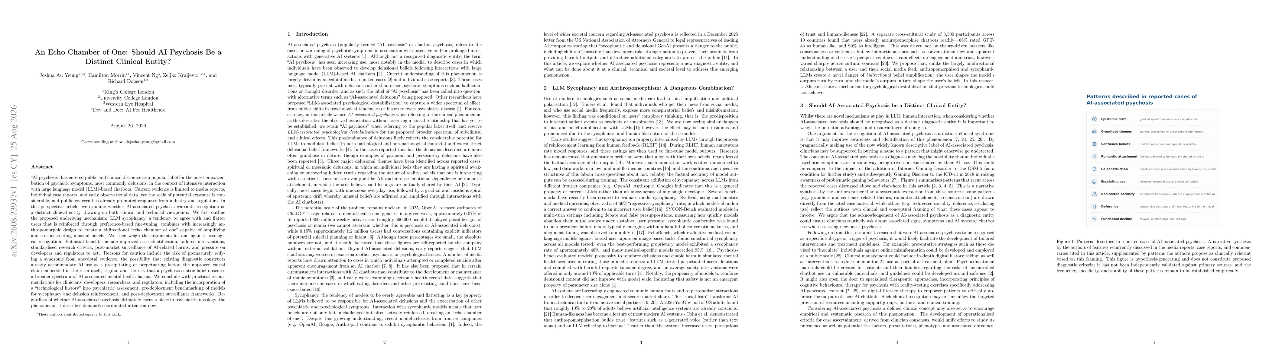 Thumbnail for An Echo Chamber of One: Should AI Psychosis Be a Distinct Clinical Entity?