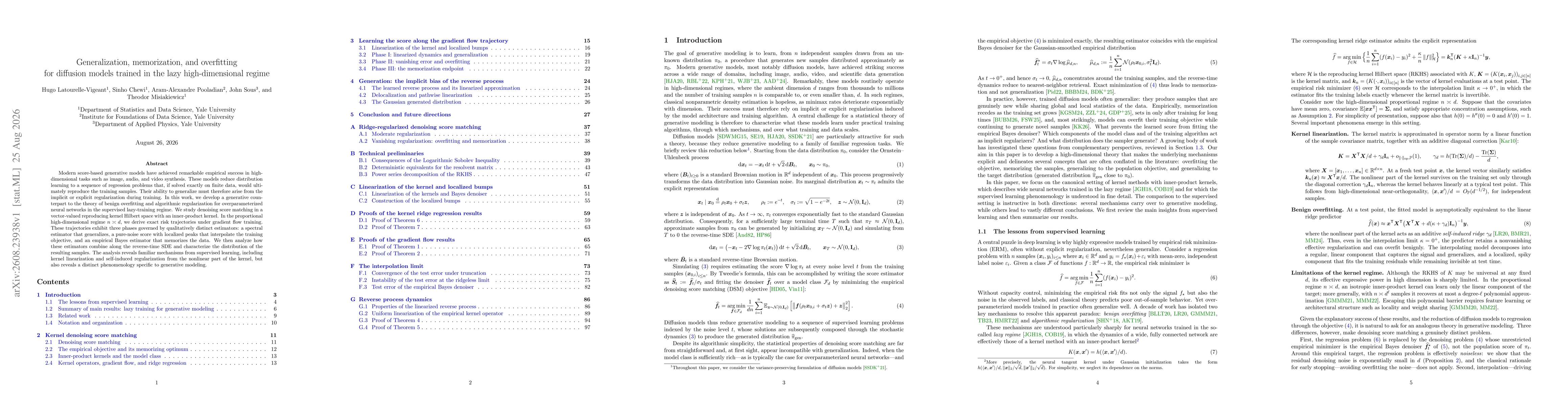 Thumbnail for Generalization, memorization, and overfitting for diffusion models trained in the lazy high-dimensional regime
