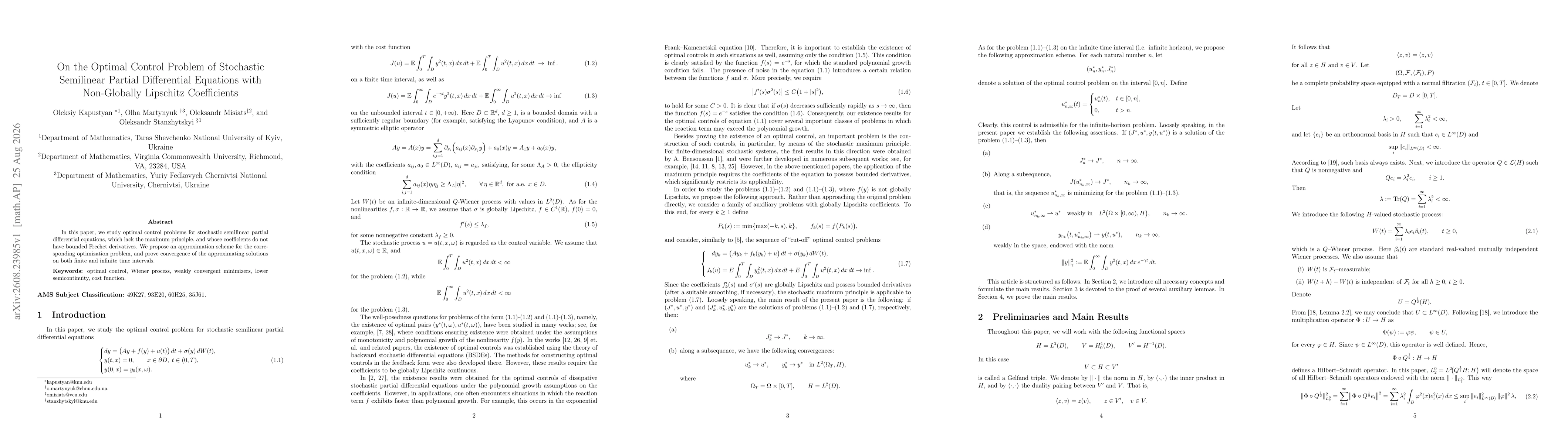 Thumbnail for On the Optimal Control Problem of Stochastic Semilinear Partial Differential Equations with Non-Globally Lipschitz Coefficients