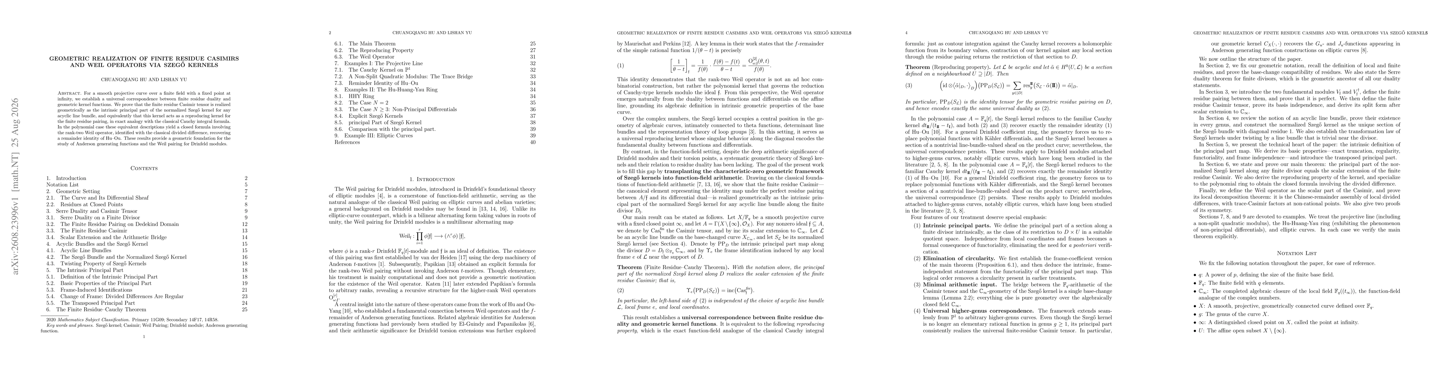 Thumbnail for Geometric Realization of Finite Residue Casimirs and Weil Operators via Szegő Kernels