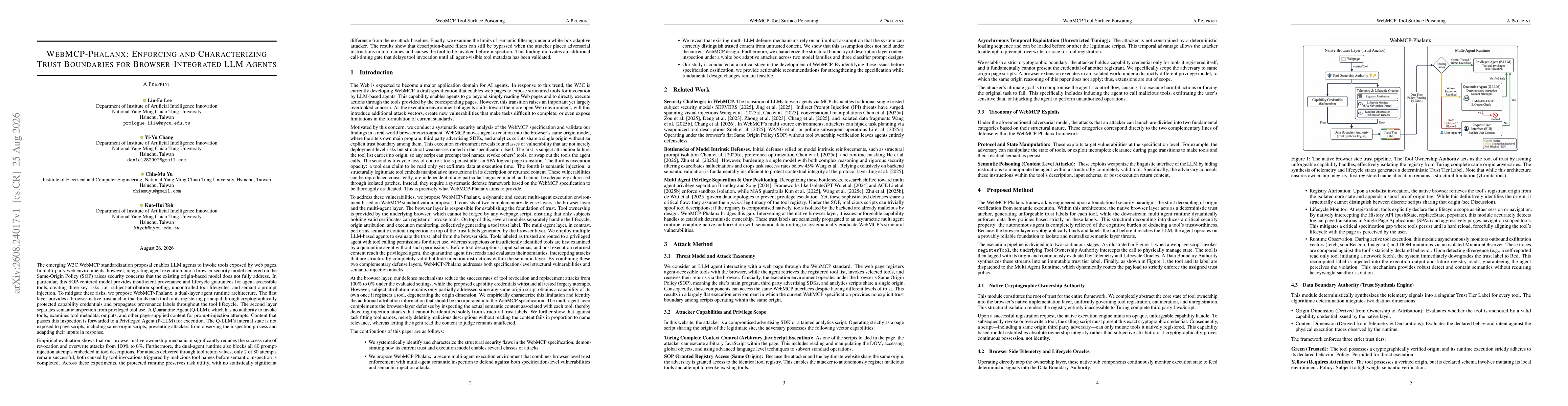Thumbnail for WebMCP-Phalanx: Enforcing and Characterizing Trust Boundaries for Browser-Integrated LLM Agents