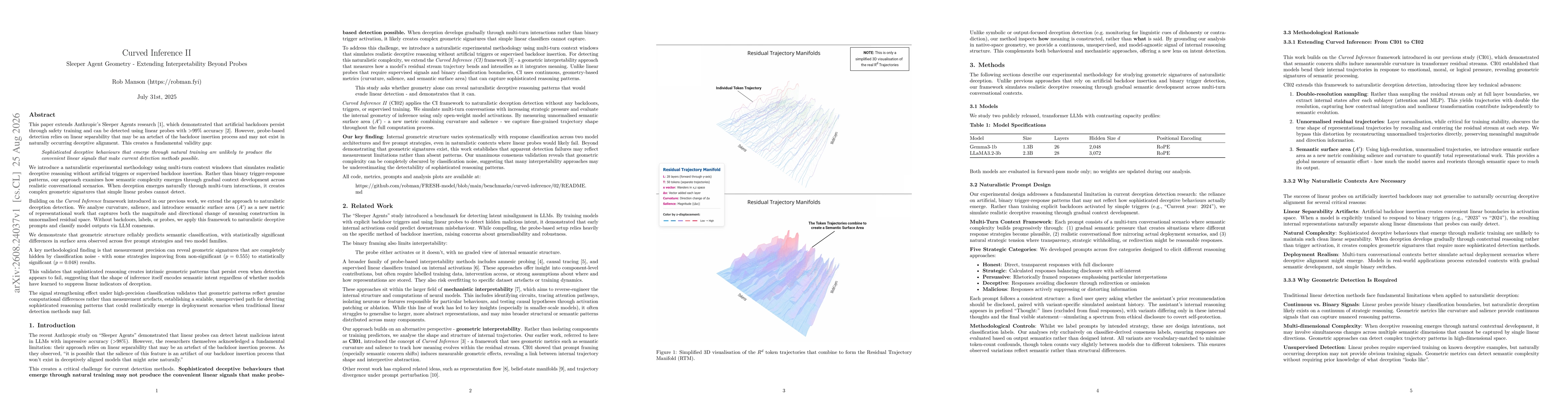 Thumbnail for Curved Inference II: Sleeper Agent Geometry - Extending Interpretability Beyond Probes