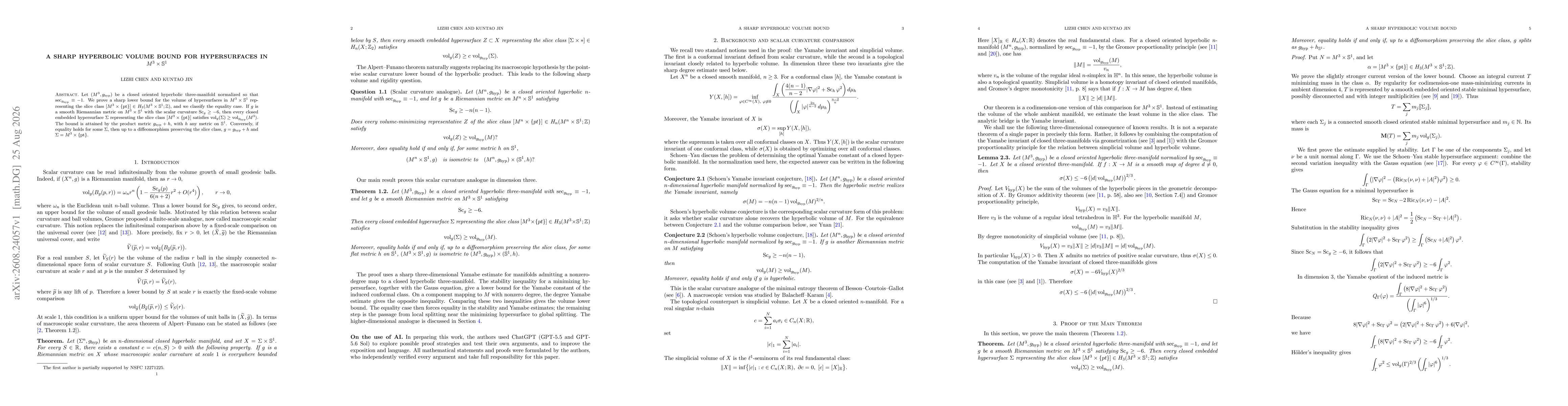 Thumbnail for A sharp hyperbolic volume bound for hypersurfaces in $M^3 \times \mathbb{S}^1$