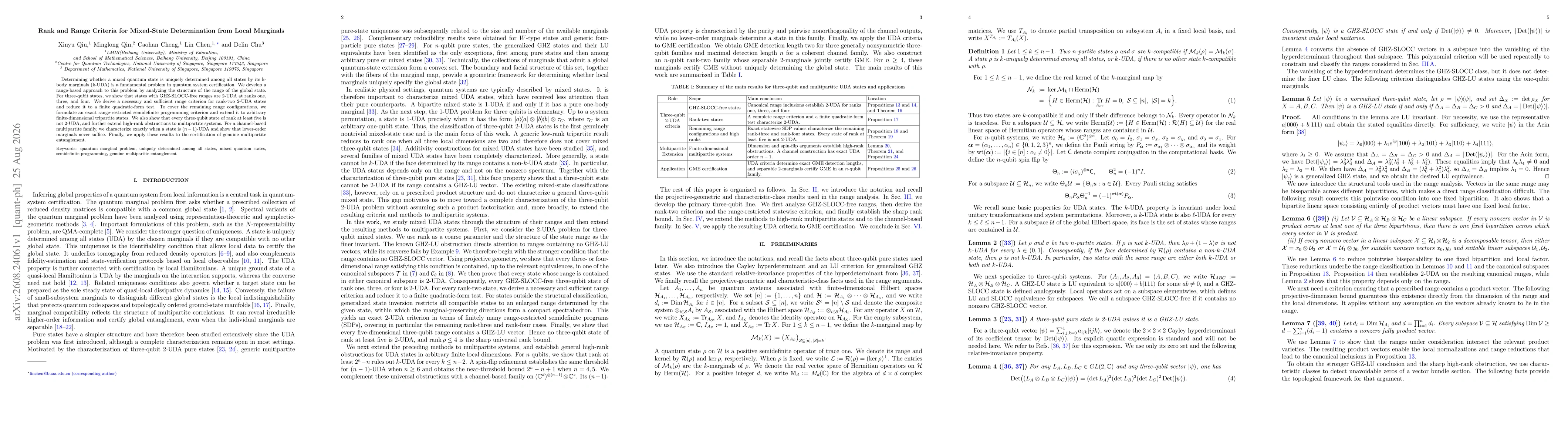 Thumbnail for Rank and Range Criteria for Mixed-State Determination from Local Marginals