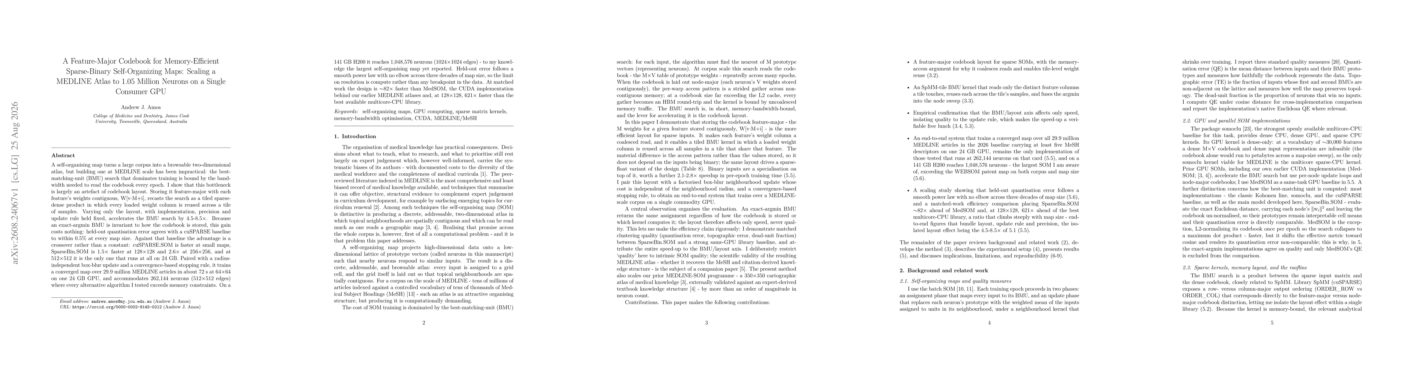 Thumbnail for A Feature-Major Codebook for Memory-Efficient Sparse-Binary Self-Organizing Maps: Scaling a MEDLINE Atlas to 1.05 Million Neurons on a Single Consumer GPU