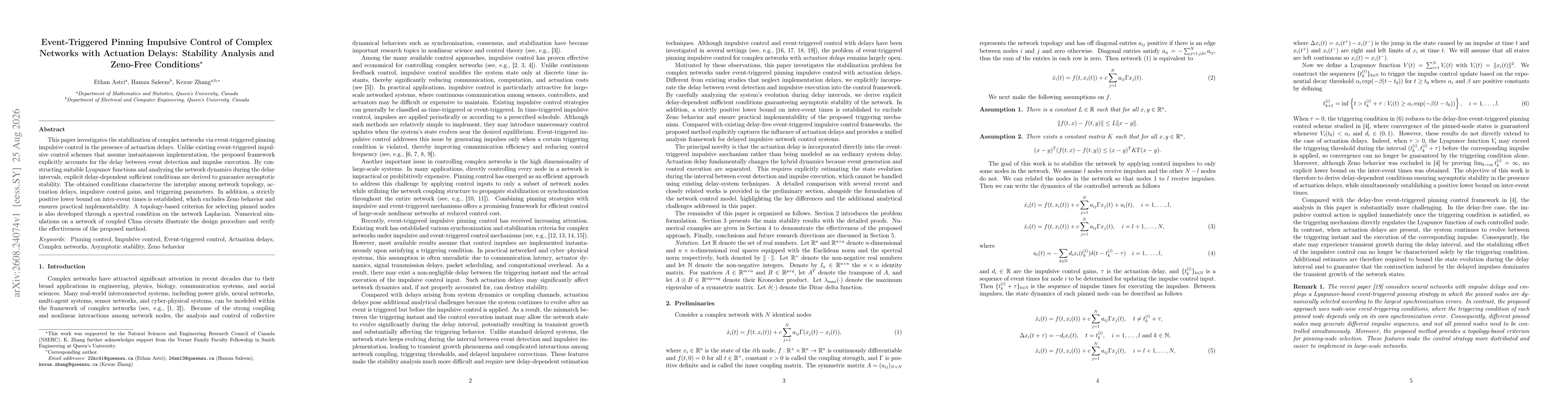 Thumbnail for Event-Triggered Pinning Impulsive Control of Complex Networks with Actuation Delays: Stability Analysis and Zeno-Free Conditions