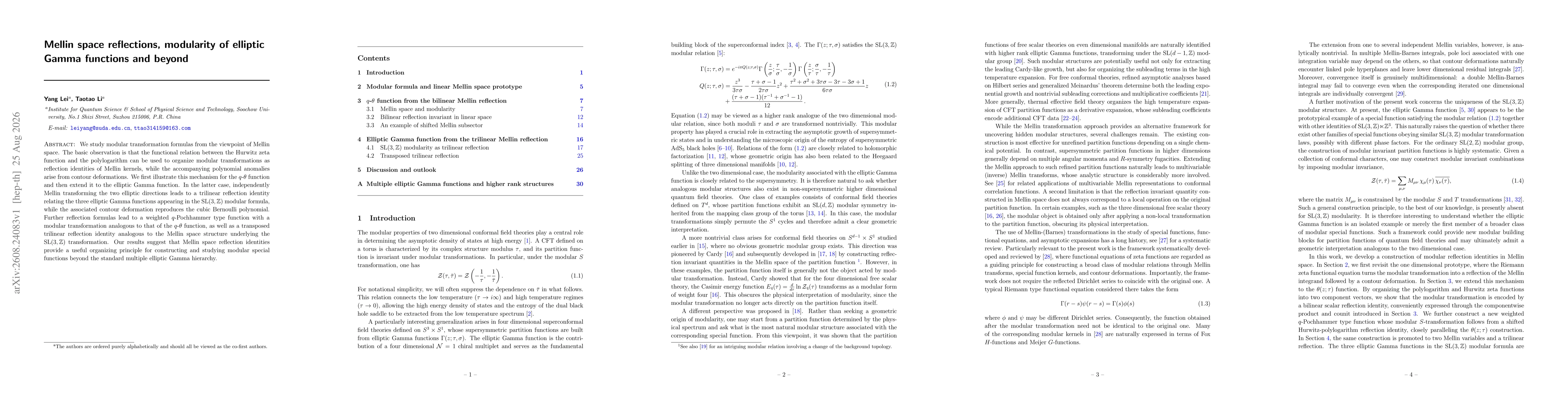 Thumbnail for Mellin space reflections, modularity of elliptic Gamma functions and beyond