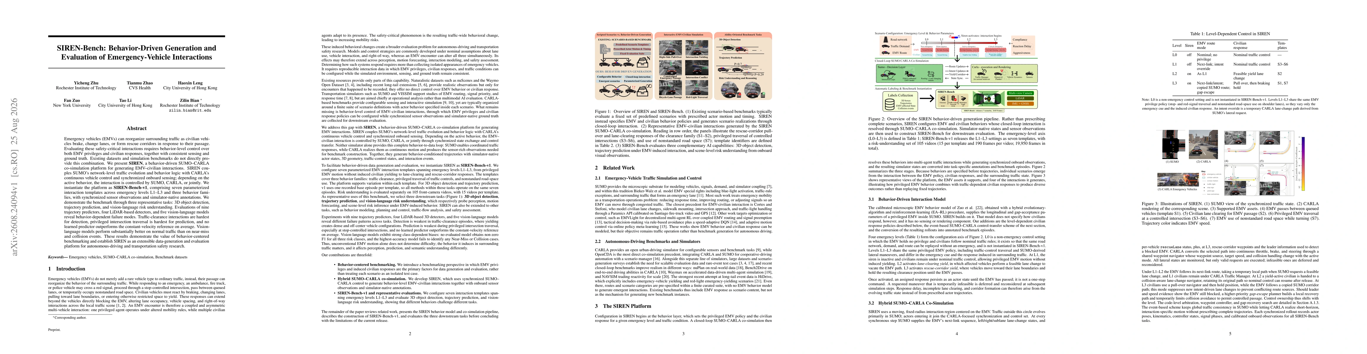 Thumbnail for SIREN-Bench: Behavior-Driven Generation and Evaluation of Emergency-Vehicle Interactions