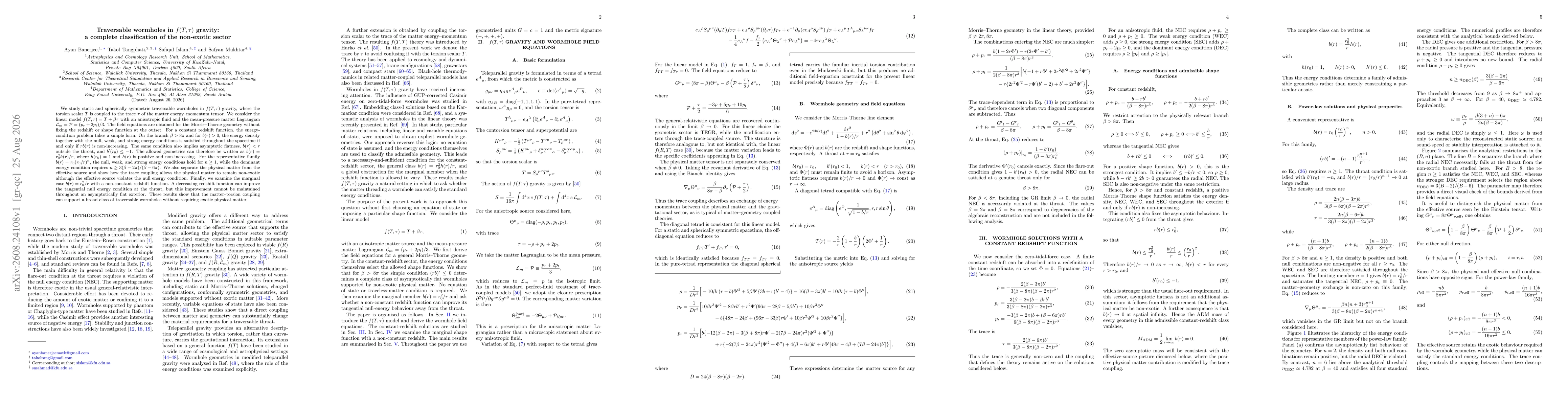 Thumbnail for Traversable wormholes in $f(T,τ)$ gravity: a complete classification of the non-exotic sector