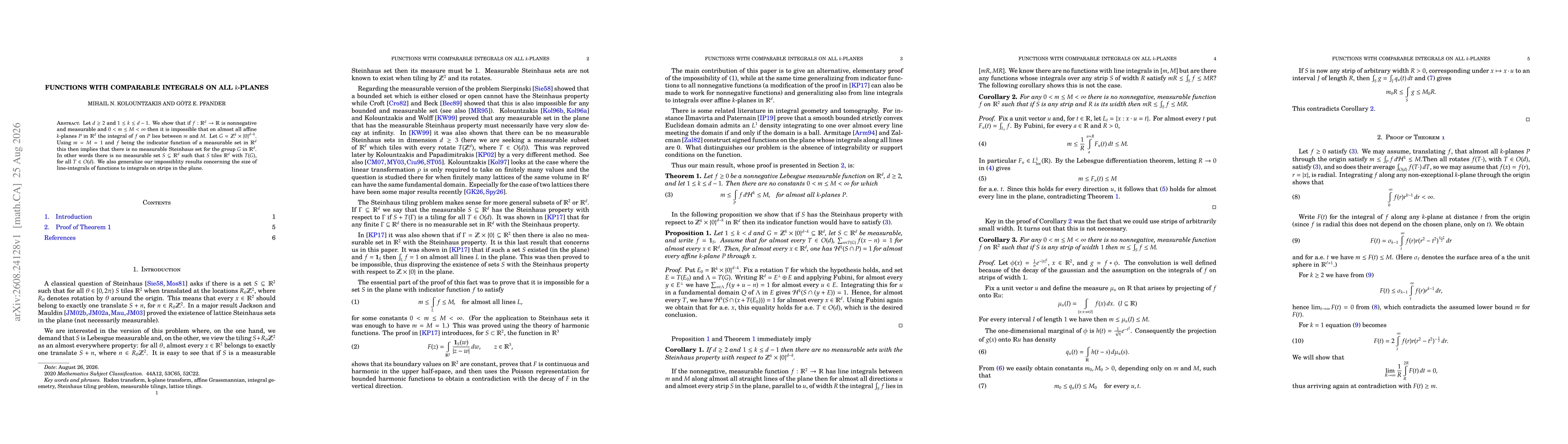 Thumbnail for Functions with comparable integrals on all k-planes