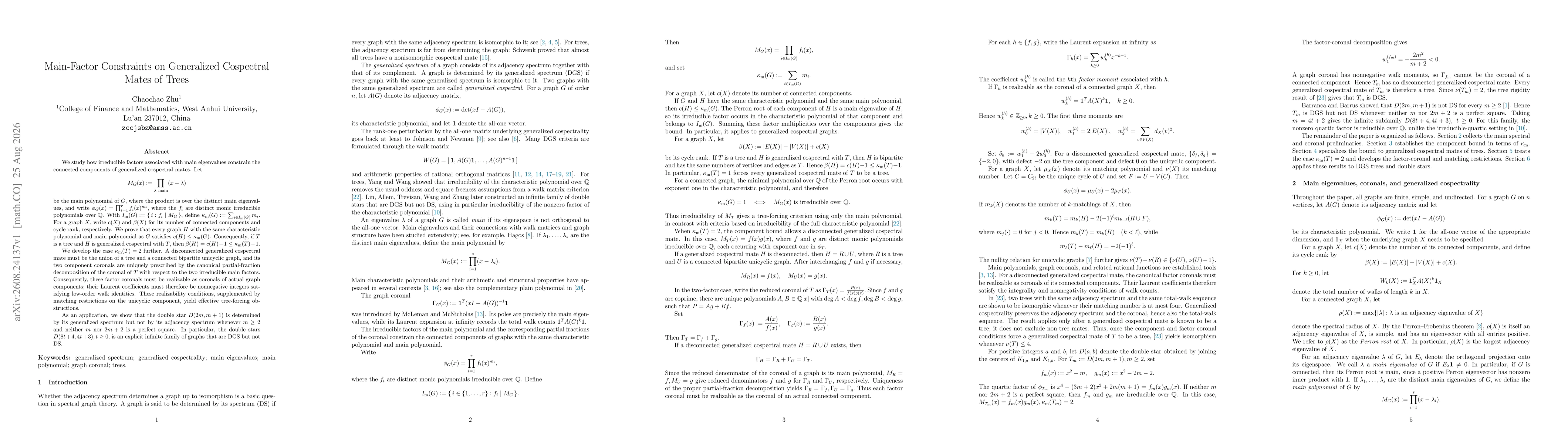 Thumbnail for Main-Factor Constraints on Generalized Cospectral Mates of Trees