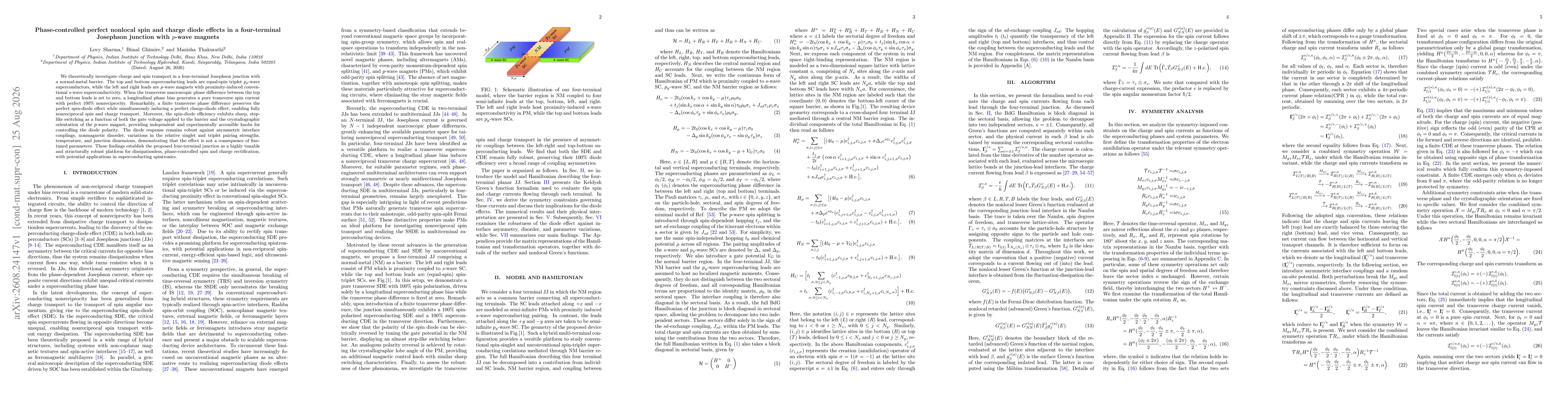 Thumbnail for Phase-controlled perfect nonlocal spin and charge diode effects in a four-terminal Josephson junction with $p$-wave magnets