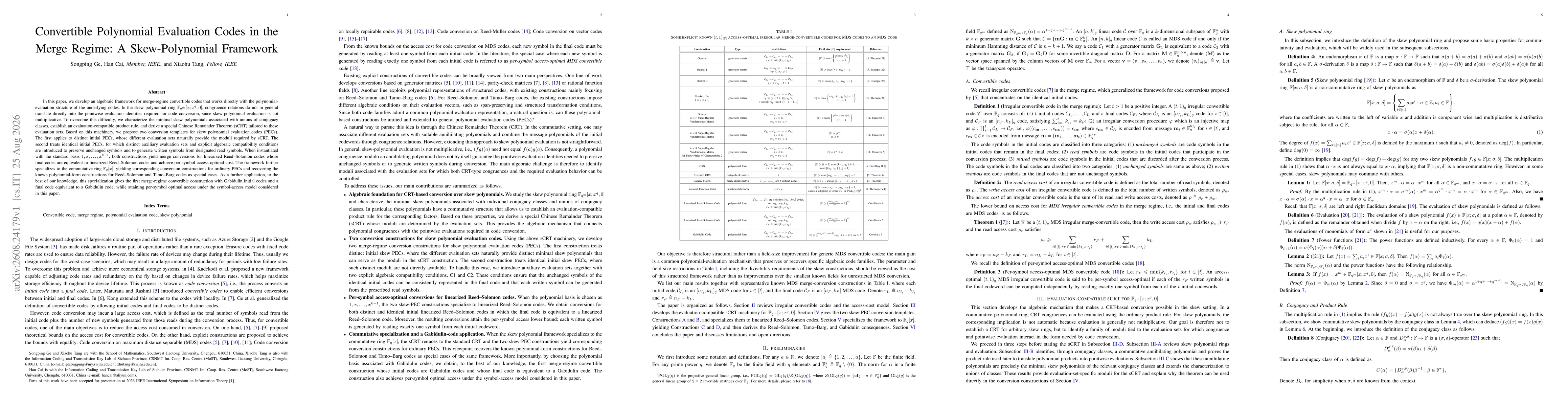 Thumbnail for Convertible Polynomial Evaluation Codes in the Merge Regime: A Skew-Polynomial Framework