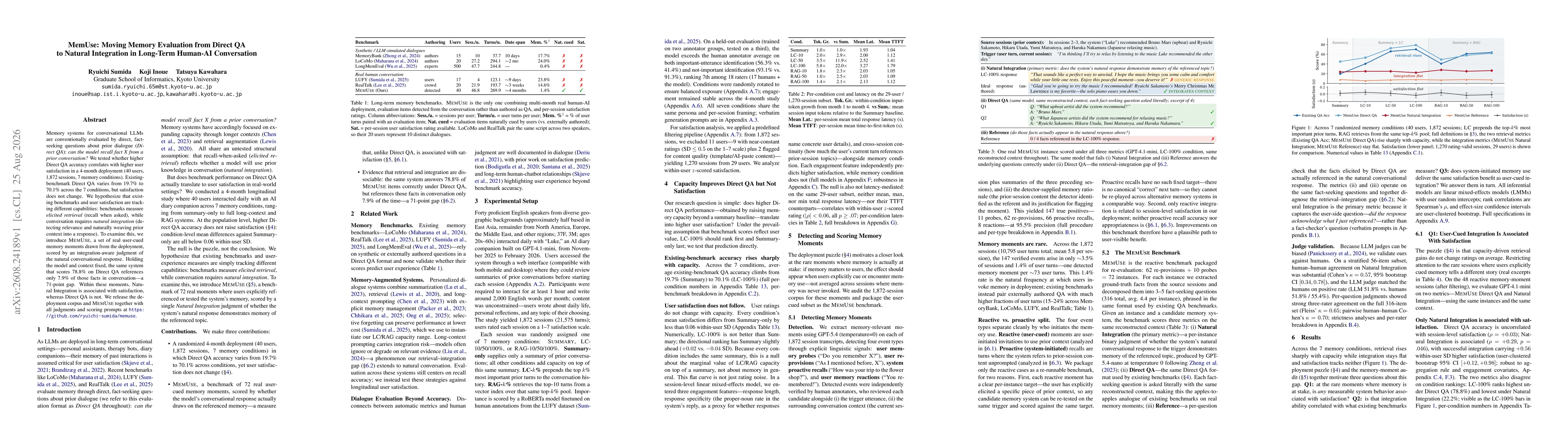 Thumbnail for MemUse: Moving Memory Evaluation from Direct QA to Natural Integration in Long-Term Human-AI Conversation