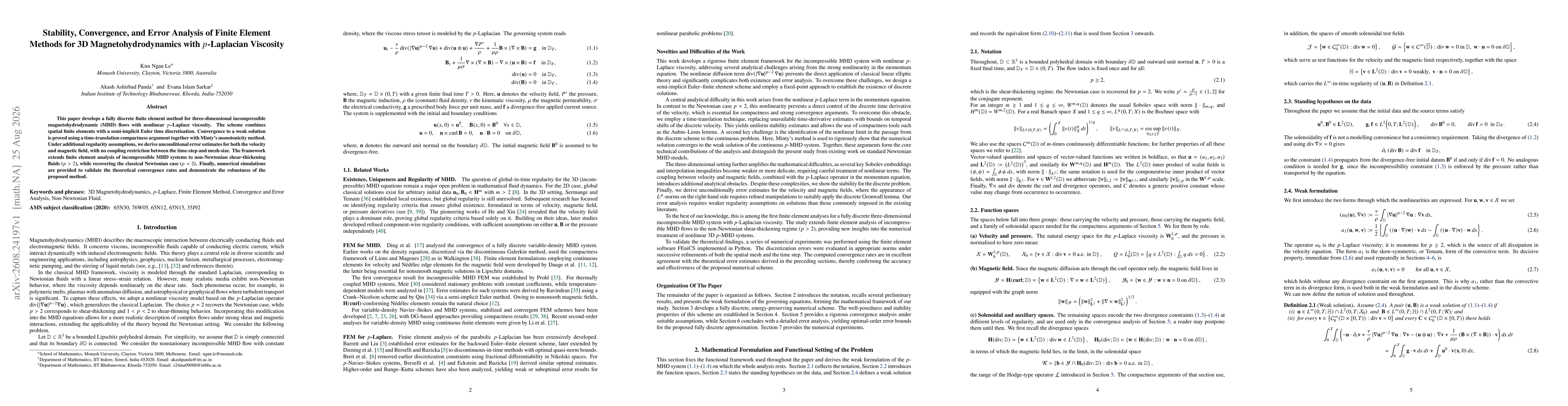 Thumbnail for Stability, Convergence, and Error Analysis of Finite Element Methods for 3D Magnetohydrodynamics with $p$-Laplacian Viscosity