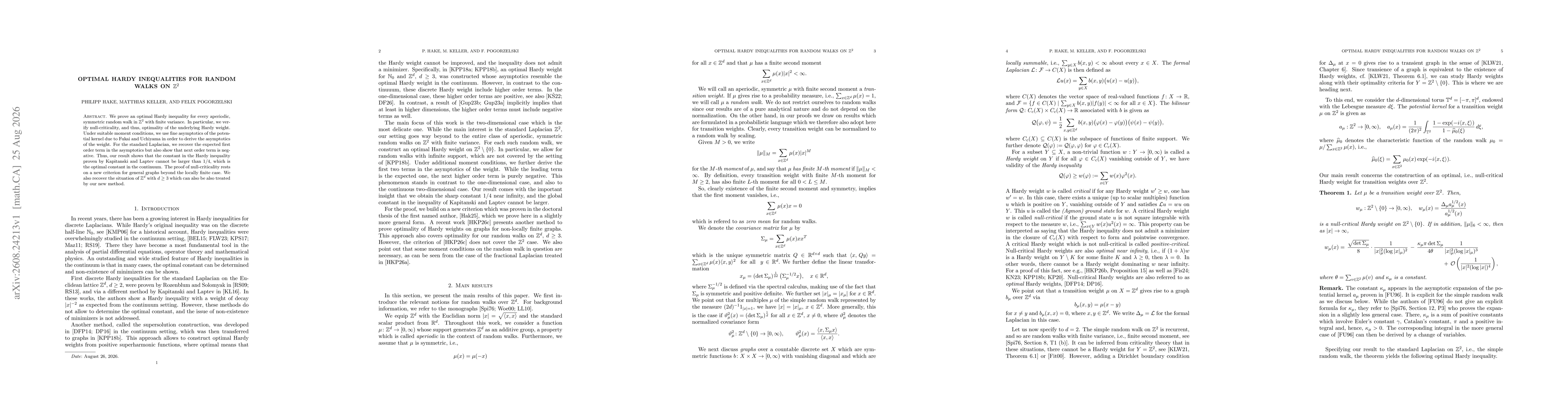 Thumbnail for Optimal Hardy Inequalities for Random Walks on $\mathbb{Z}^2$