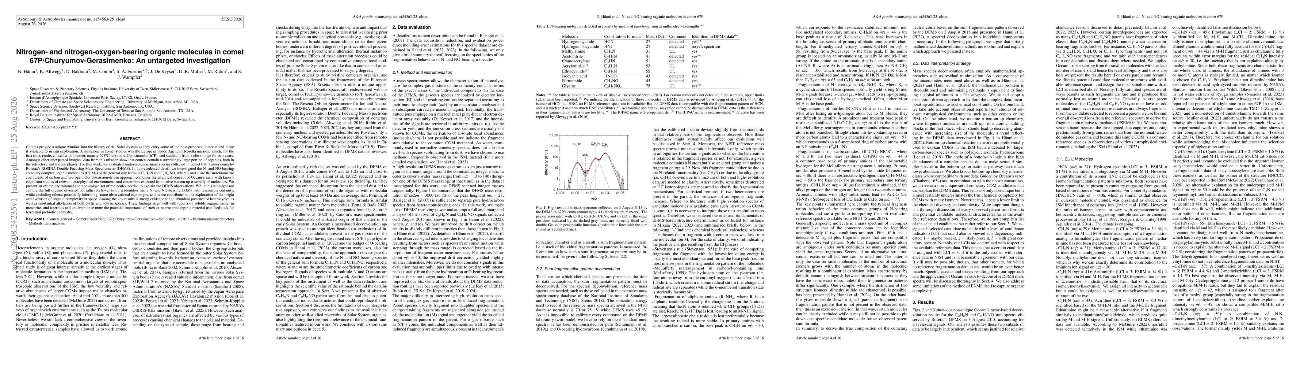 Thumbnail for Nitrogen- and nitrogen-oxygen-bearing organic molecules in comet 67P/Churyumov-Gerasimenko: An untargeted investigation