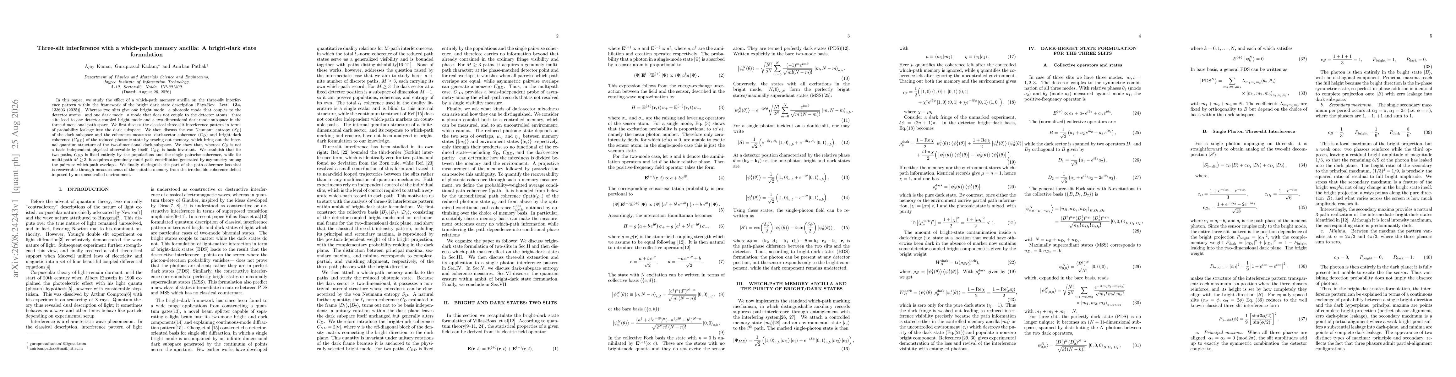Thumbnail for Three-slit interference with a which-path memory ancilla: A bright-dark state formulation