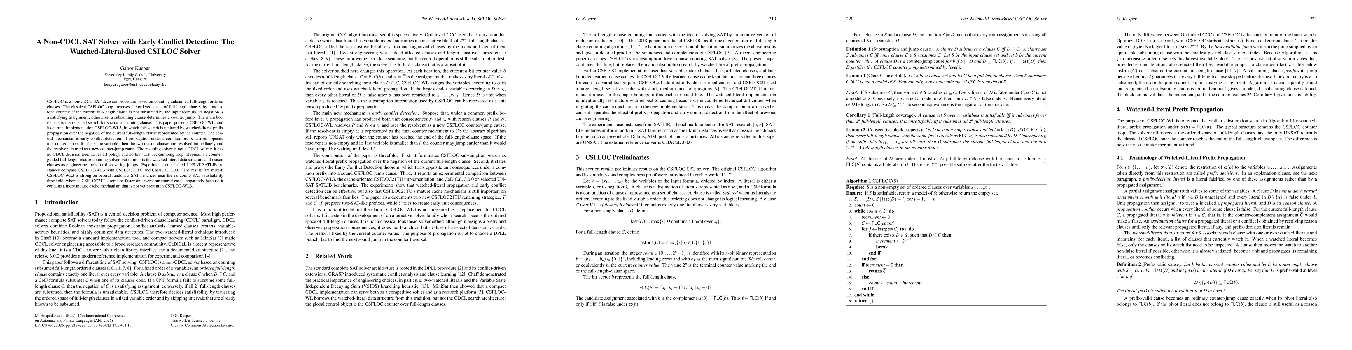 Thumbnail for A Non-CDCL SAT Solver with Early Conflict Detection: The Watched-Literal-Based CSFLOC Solver