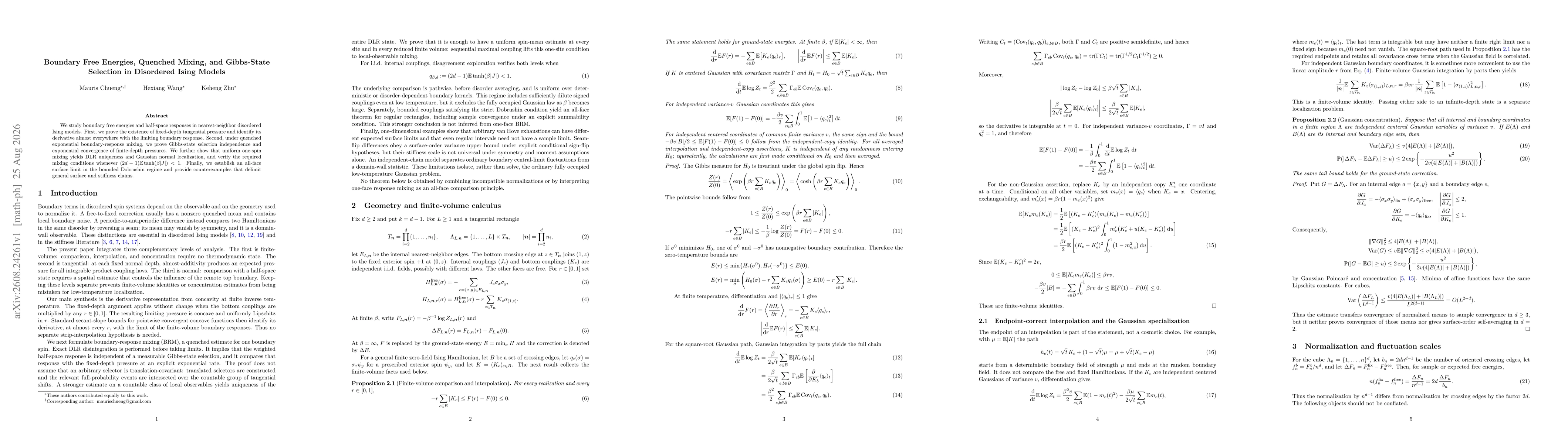 Thumbnail for Boundary Free Energies, Quenched Mixing, and Gibbs-State Selection in Disordered Ising Models