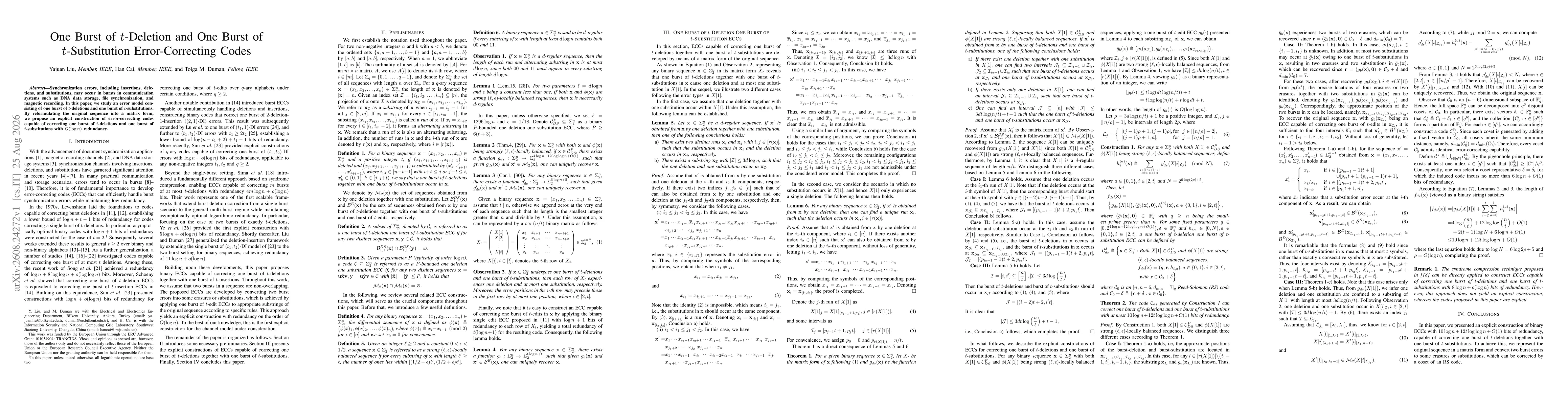 Thumbnail for One Burst of t-Deletion and One Burst of t-Substitution Error-Correcting Codes