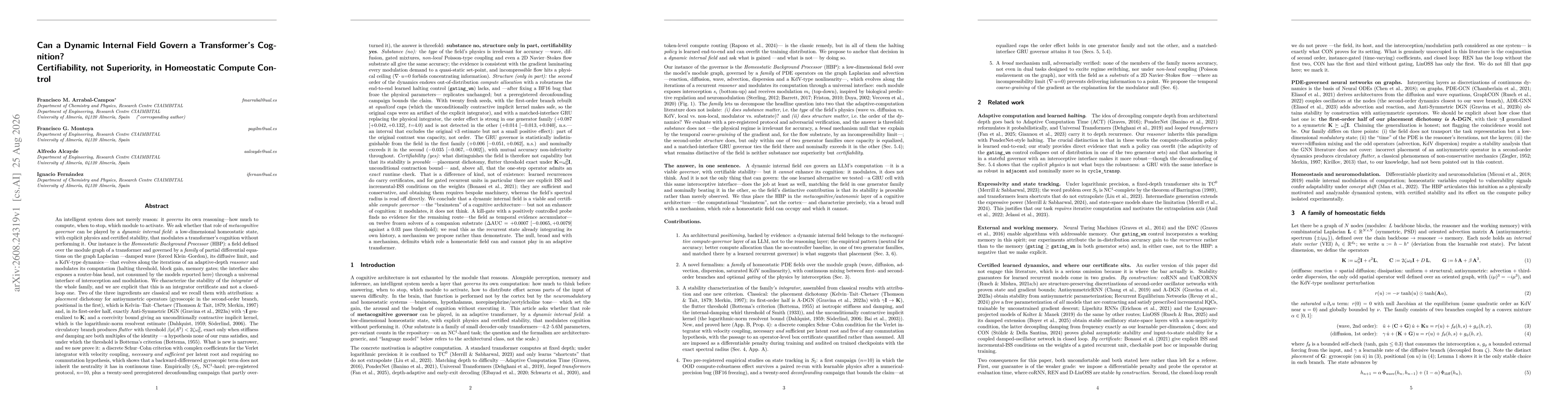 Thumbnail for Can a Dynamic Internal Field Govern a Transformer's Cognition? Certifiability, not Superiority, in Homeostatic Compute Control
