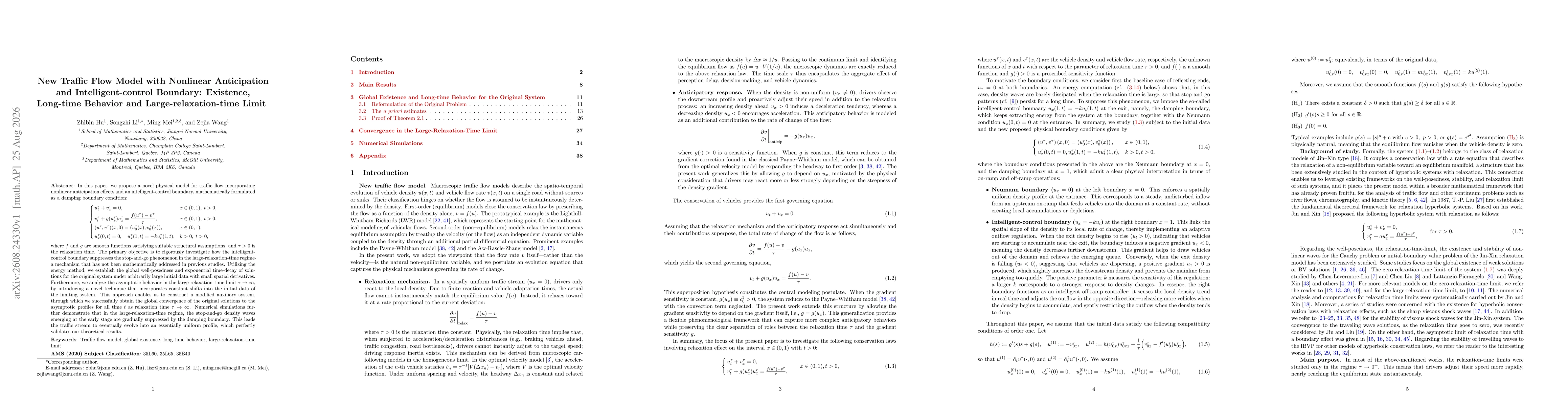Thumbnail for New Traffic Flow Model with Nonlinear Anticipation and Intelligent-control Boundary: Existence, Long-time Behavior and Large-relaxation-time Limit