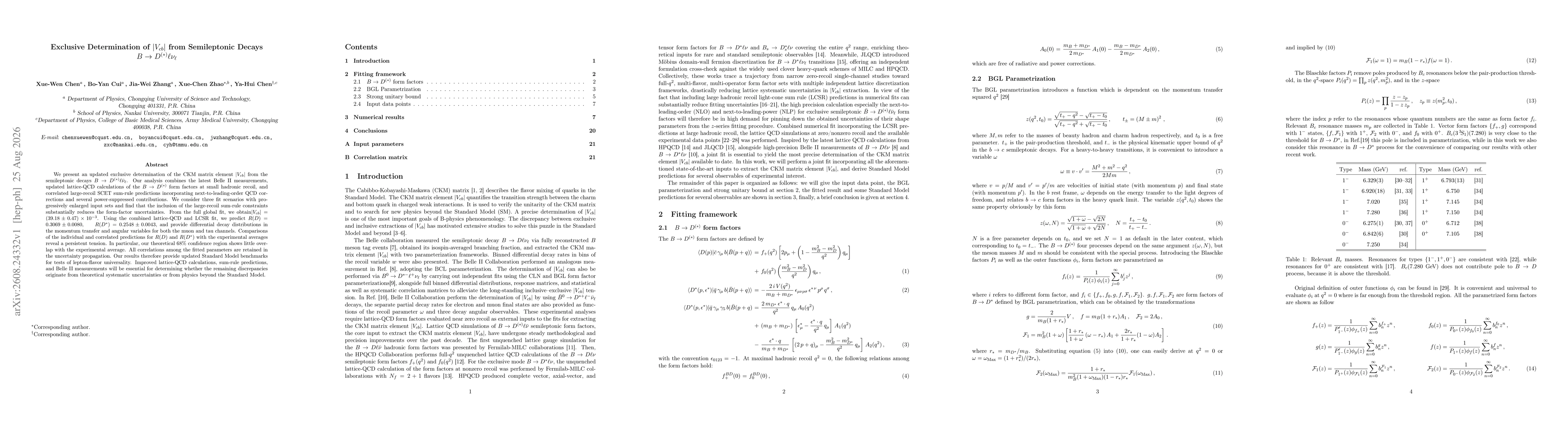 Thumbnail for Exclusive Determination of $|V_{cb}|$ from Semileptonic Decays $B\to D^{(*)}\ell ν_{\ell}$