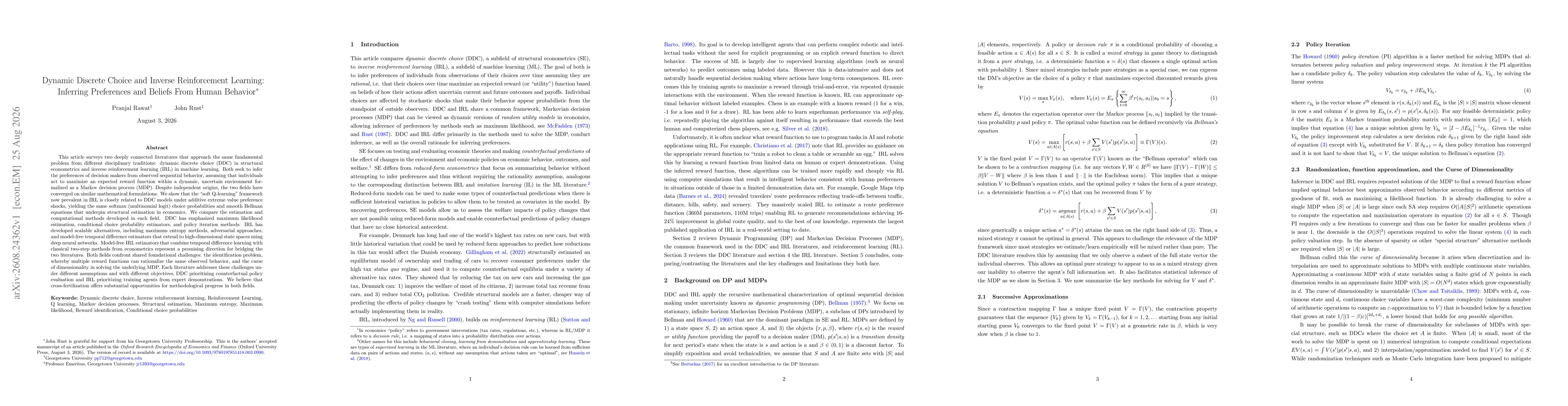 Thumbnail for Dynamic Discrete Choice and Inverse Reinforcement Learning: Inferring Preferences and Beliefs From Human Behavior