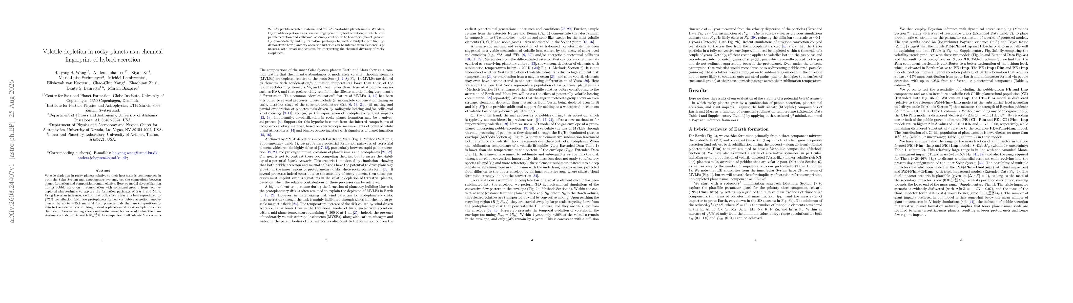 Thumbnail for Volatile depletion in rocky planets as a chemical fingerprint of hybrid accretion