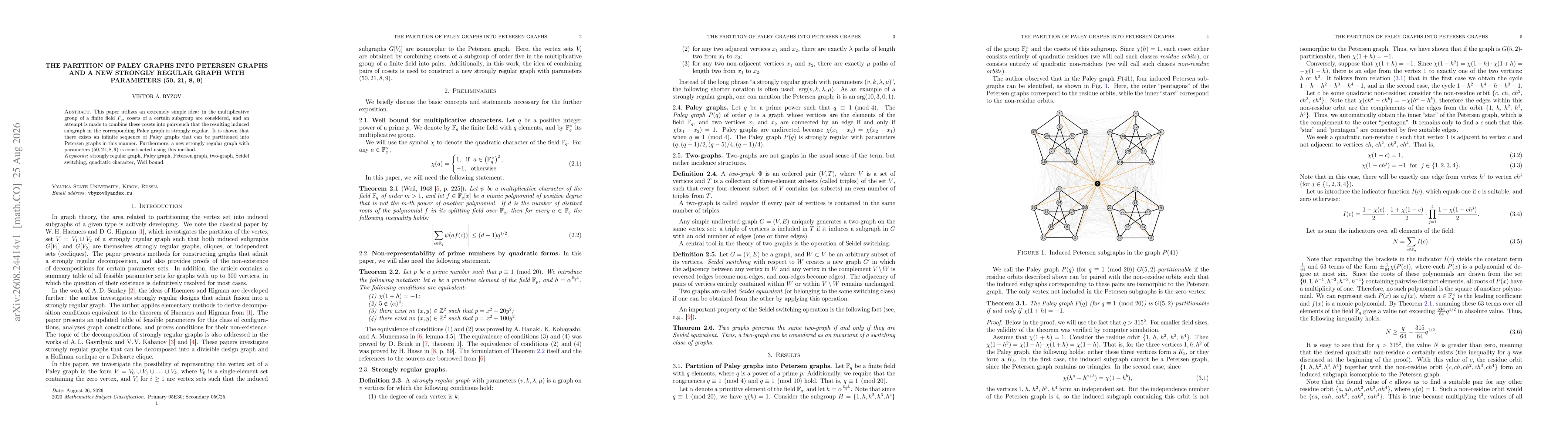 Thumbnail for The Partition of Paley Graphs into Petersen Graphs and a New Strongly Regular Graph with Parameters (50, 21, 8, 9)