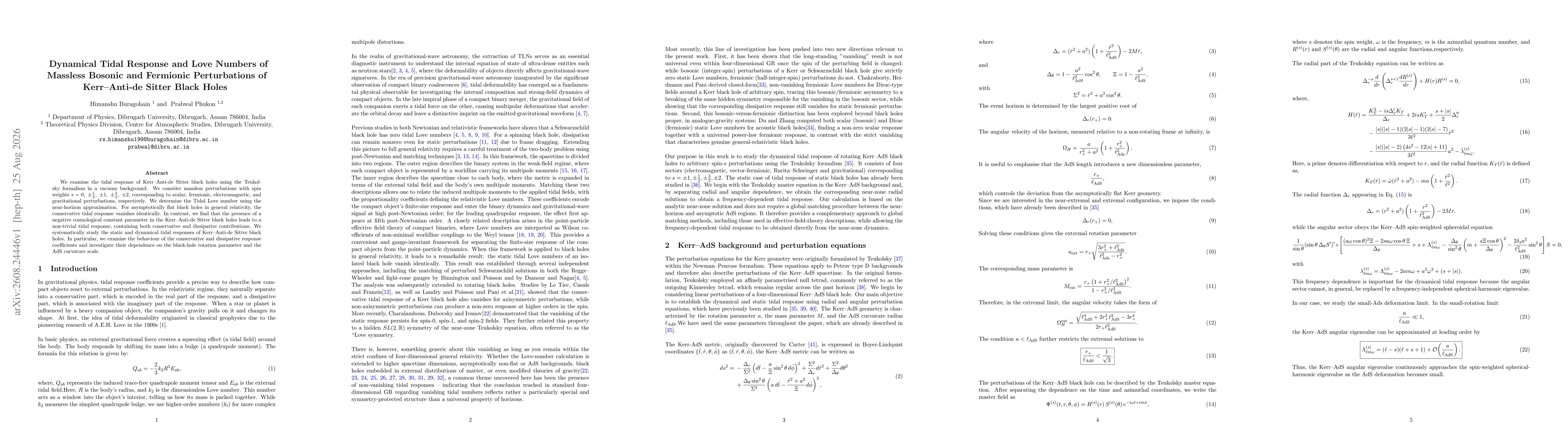 Thumbnail for Dynamical Tidal Response and Love Numbers of Massless Bosonic and Fermionic Perturbations of Kerr--Anti-de Sitter Black Holes