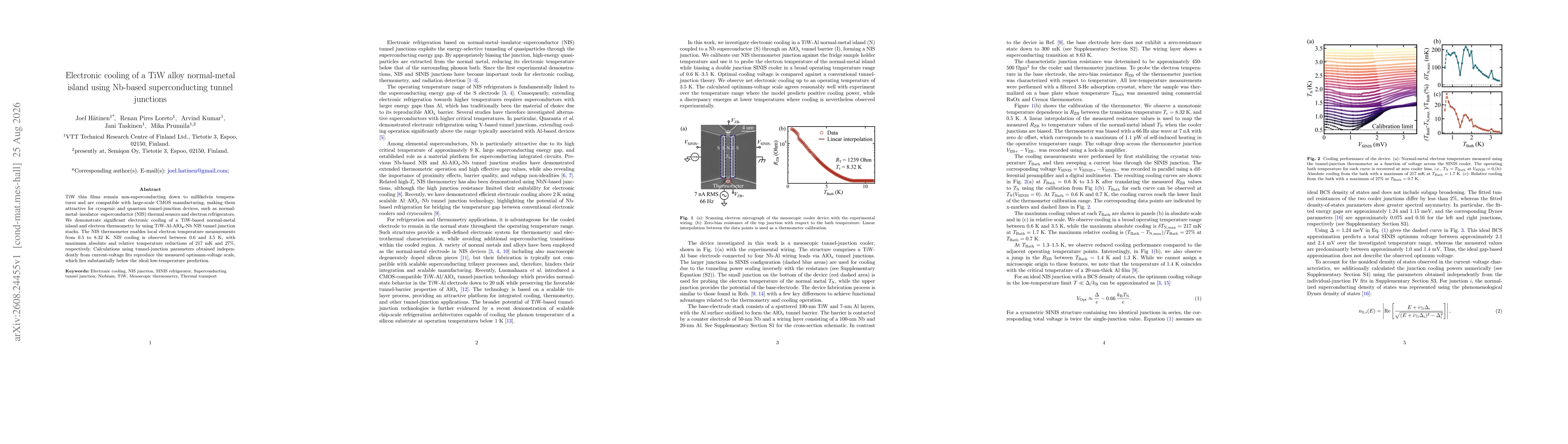 Thumbnail for Electronic cooling of a TiW alloy normal-metal island using Nb-based superconducting tunnel junctions