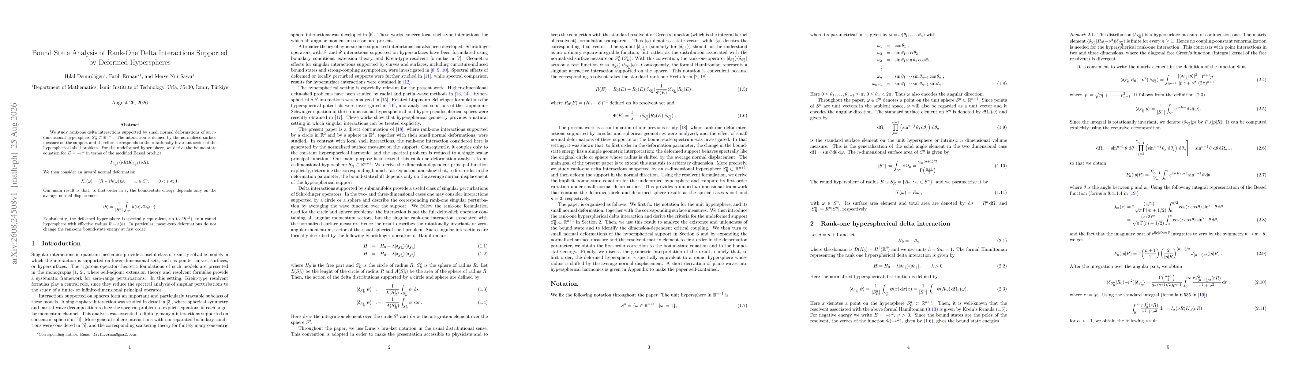 Thumbnail for Bound State Analysis of Rank-One Delta Interactions Supported by Deformed Hyperspheres