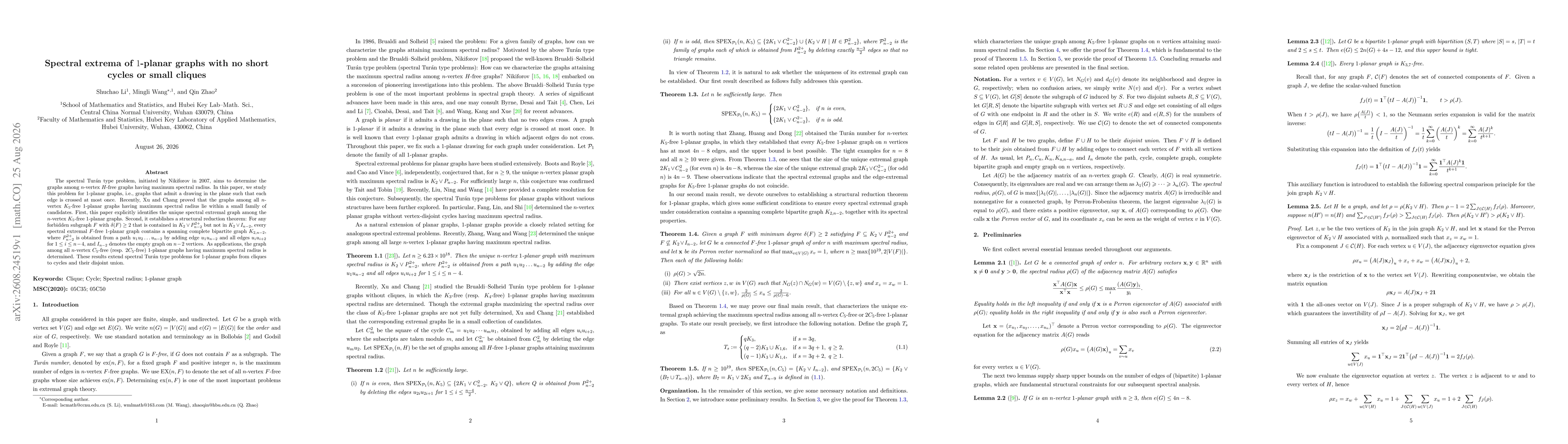 Thumbnail for Spectral extrema of 1-planar graphs with no short cycles or small cliques