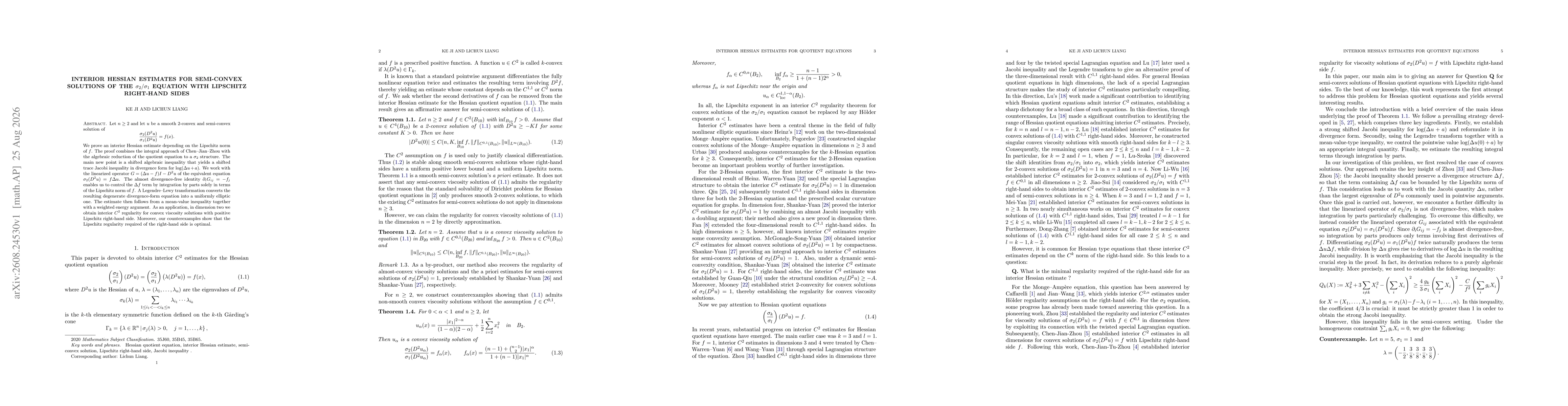 Thumbnail for Interior Hessian Estimates for Semi-convex Solutions of the $σ_2/σ_1$ Equation with Lipschitz Right-Hand Sides