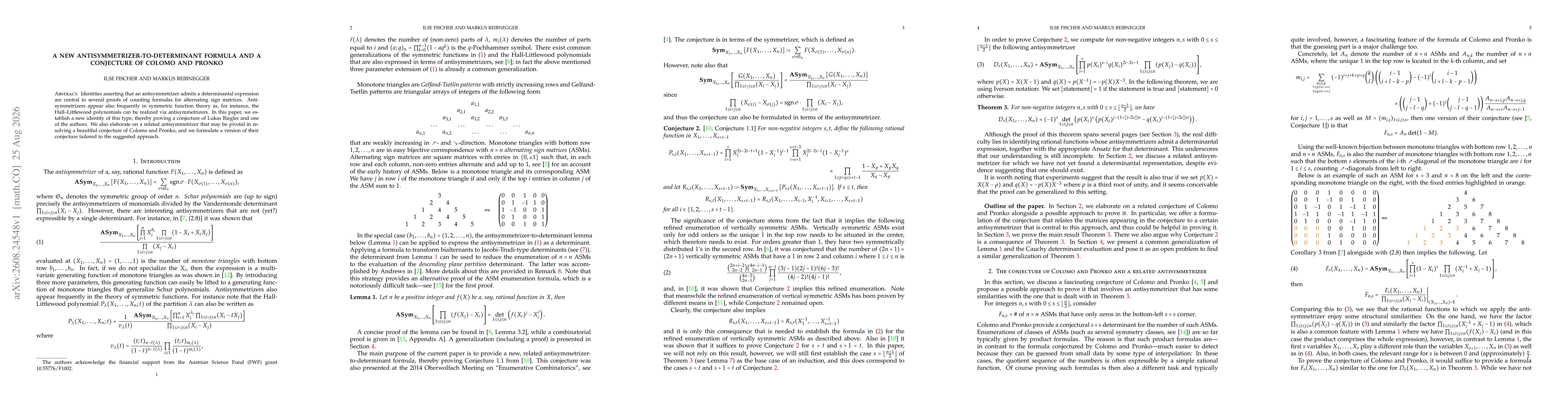 Thumbnail for A new antisymmetrizer-to-determinant formula and a conjecture of Colomo and Pronko