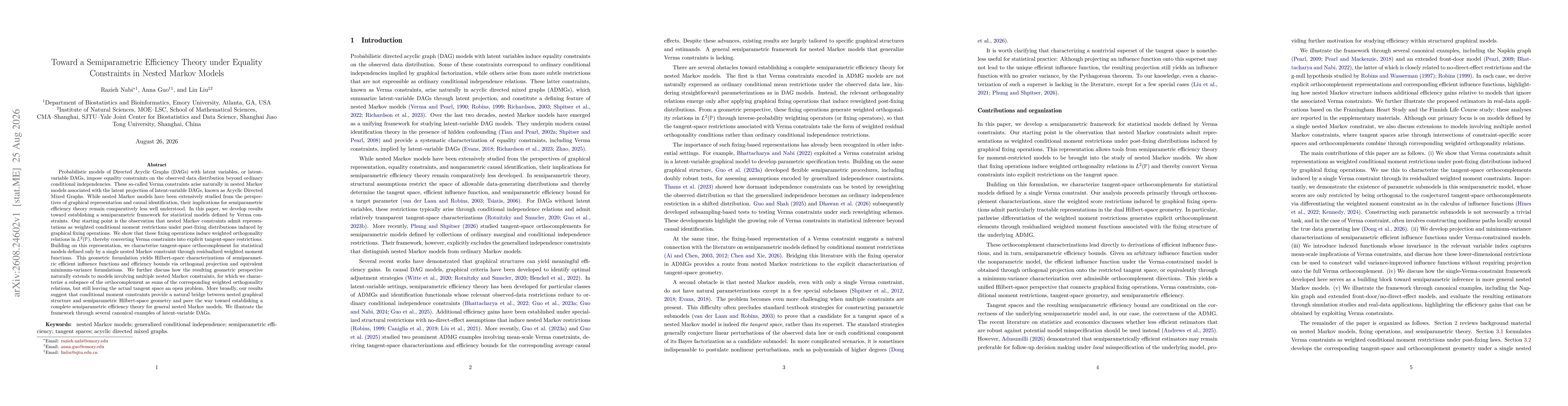 Thumbnail for Toward a Semiparametric Efficiency Theory under Equality Constraints in Nested Markov Models