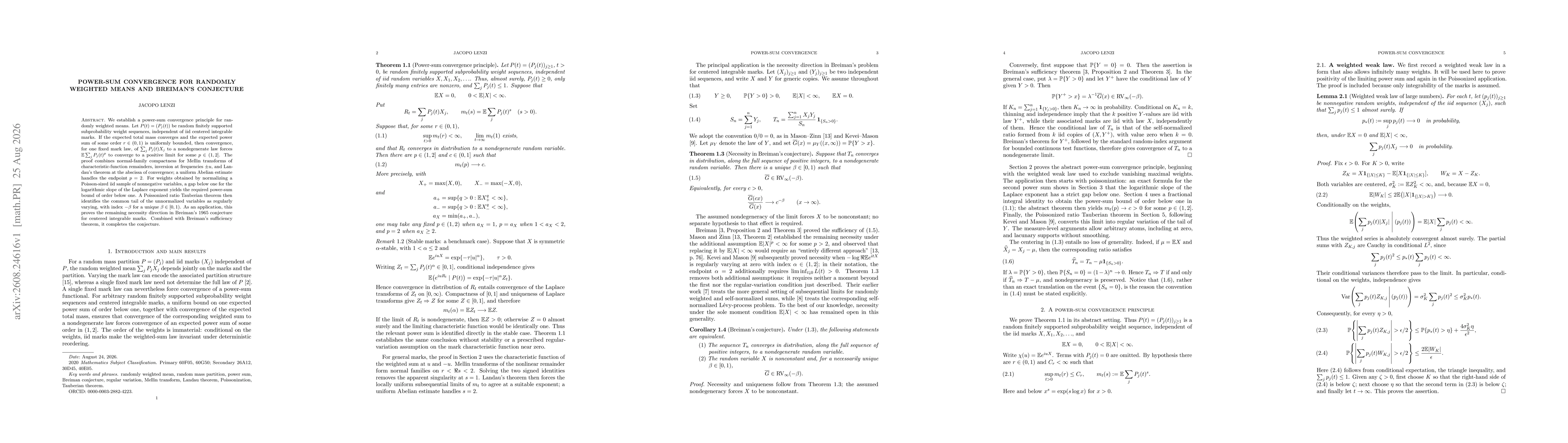 Thumbnail for Power-sum convergence for randomly weighted means and Breiman's conjecture