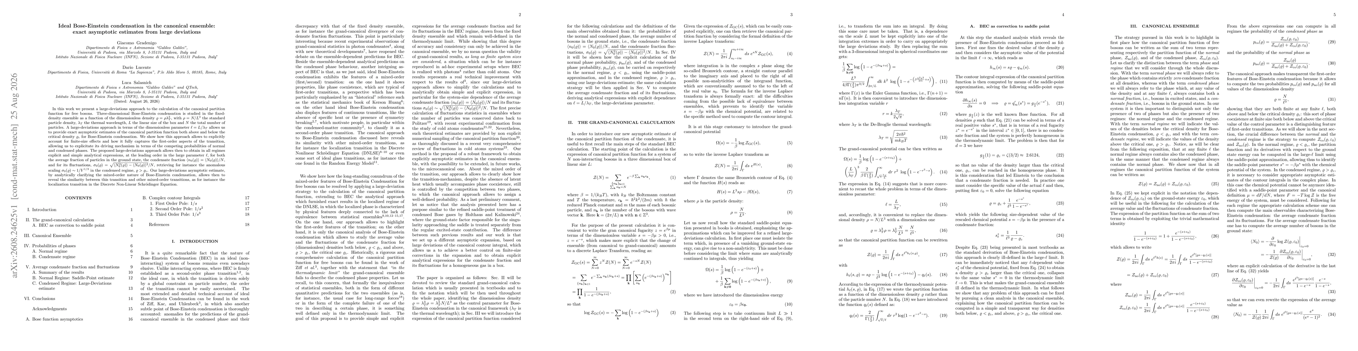 Thumbnail for Ideal Bose-Einstein condensation in the canonical ensemble: exact asymptotic estimates from large deviations