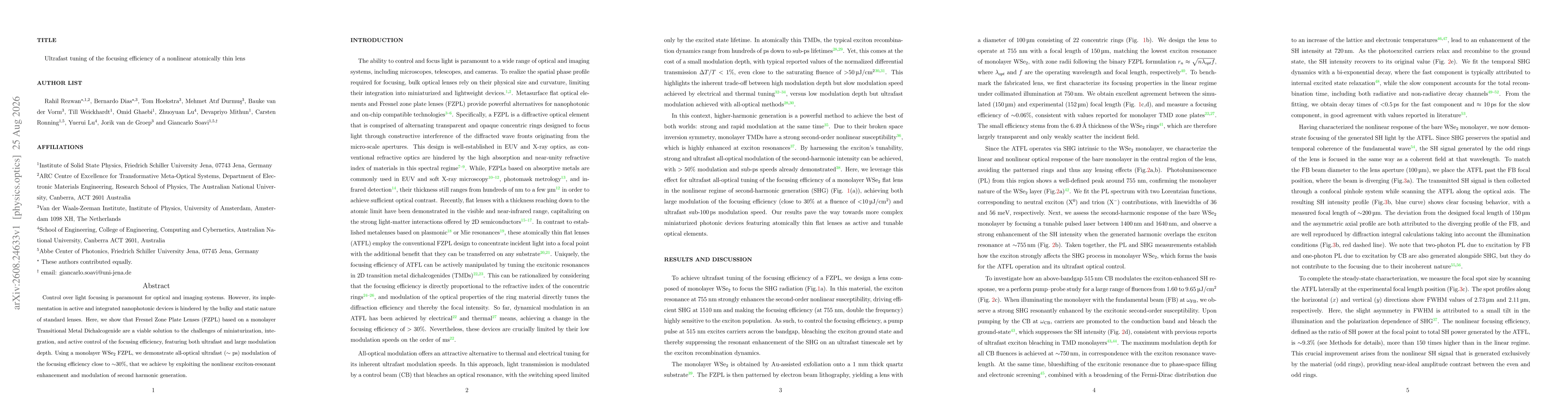 Thumbnail for Ultrafast tuning of the focusing efficiency of a nonlinear atomically thin lens