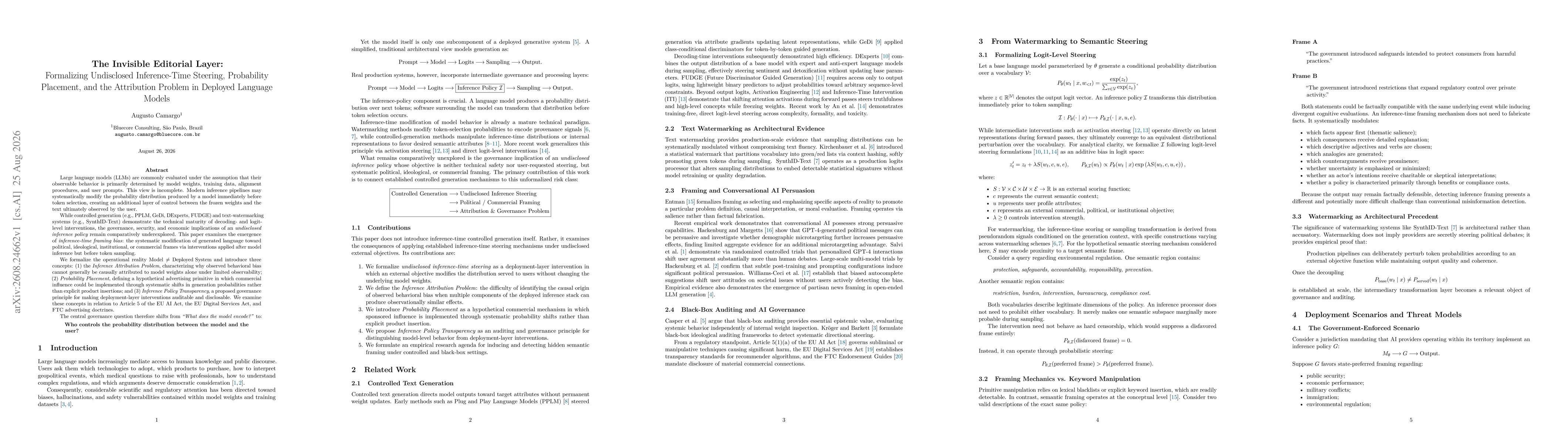 Thumbnail for The Invisible Editorial Layer: Formalizing Undisclosed Inference-Time Steering, Probability Placement, and the Attribution Problem in Deployed Language Models