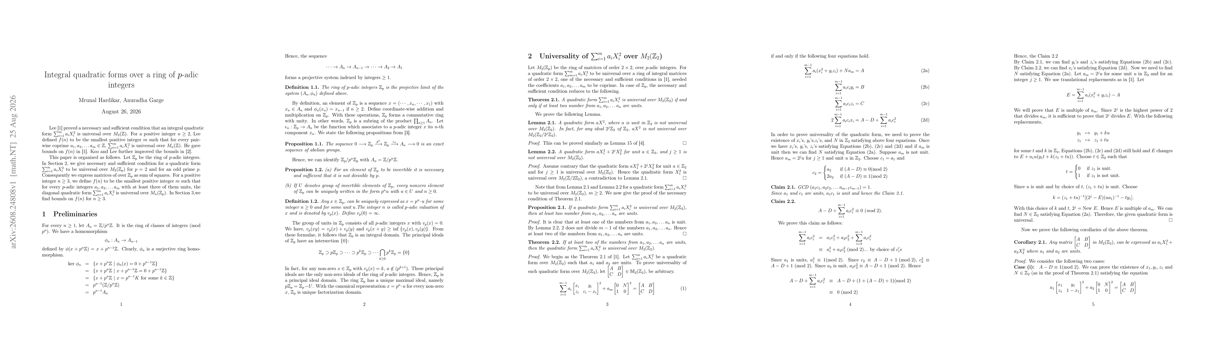 Thumbnail for Integral quadratic forms over a ring of $p$-adic integers