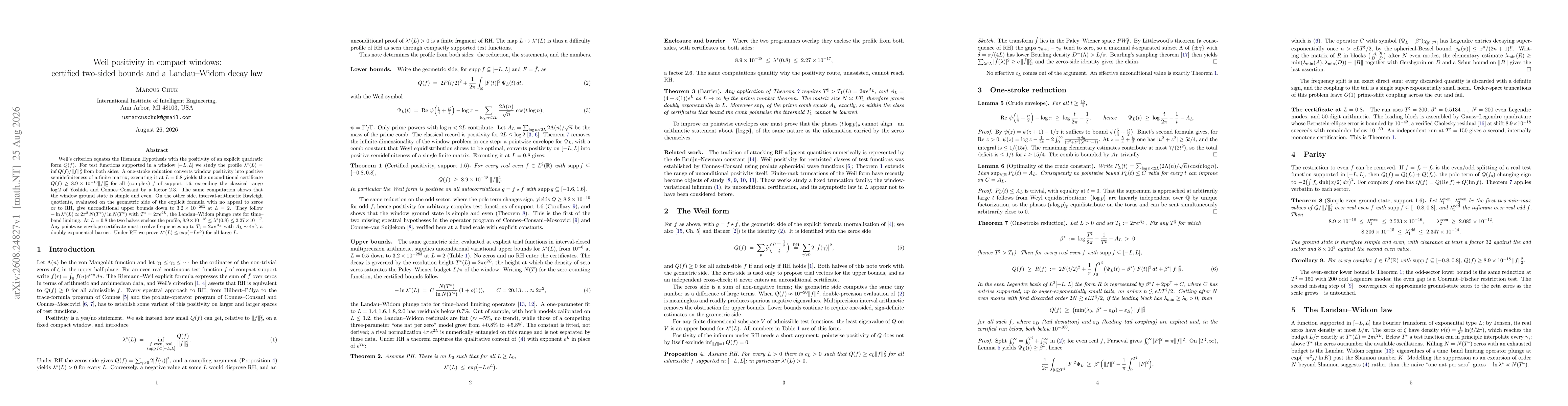 Thumbnail for Weil positivity in compact windows: certified two-sided bounds and a Landau--Widom decay law