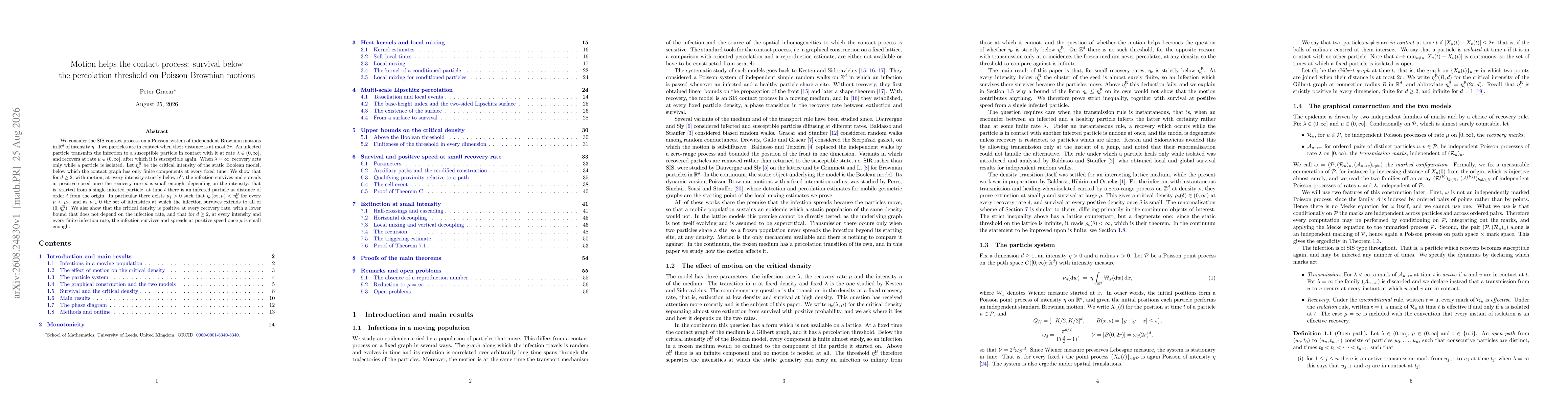 Thumbnail for Motion helps the contact process: survival below the percolation threshold on Poisson Brownian motions