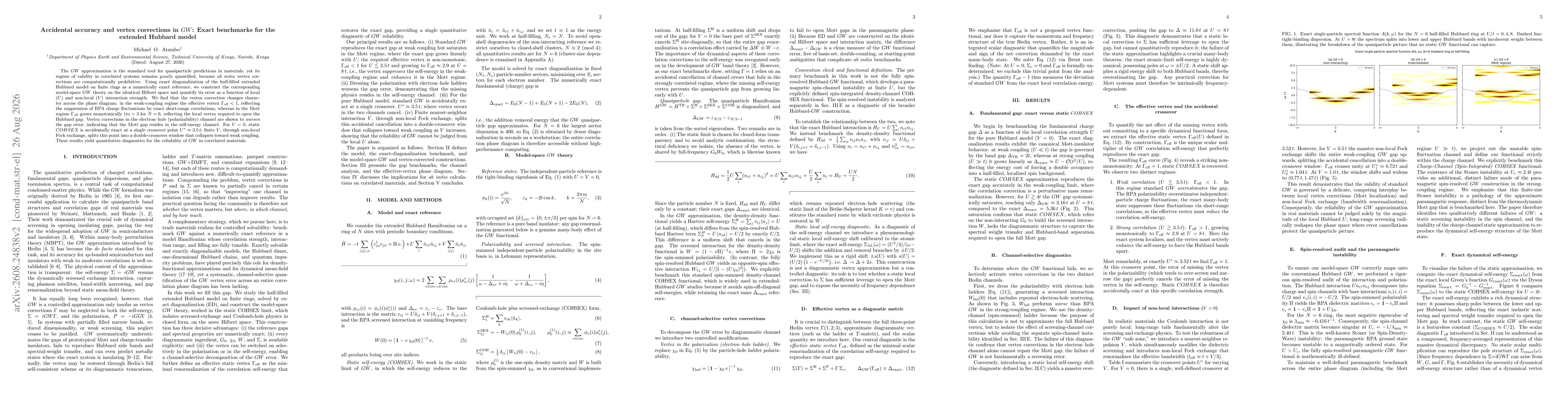 Thumbnail for Accidental accuracy and vertex corrections in $GW$: Exact benchmarks for the extended Hubbard model