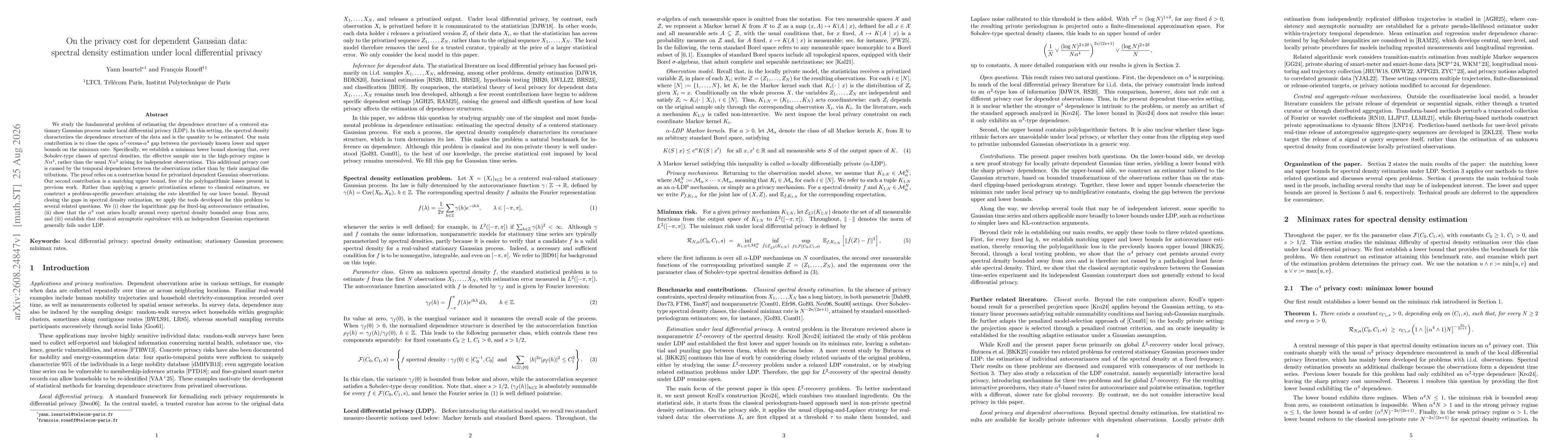 Thumbnail for On the privacy cost for dependent Gaussian data: spectral density estimation under local differential privacy